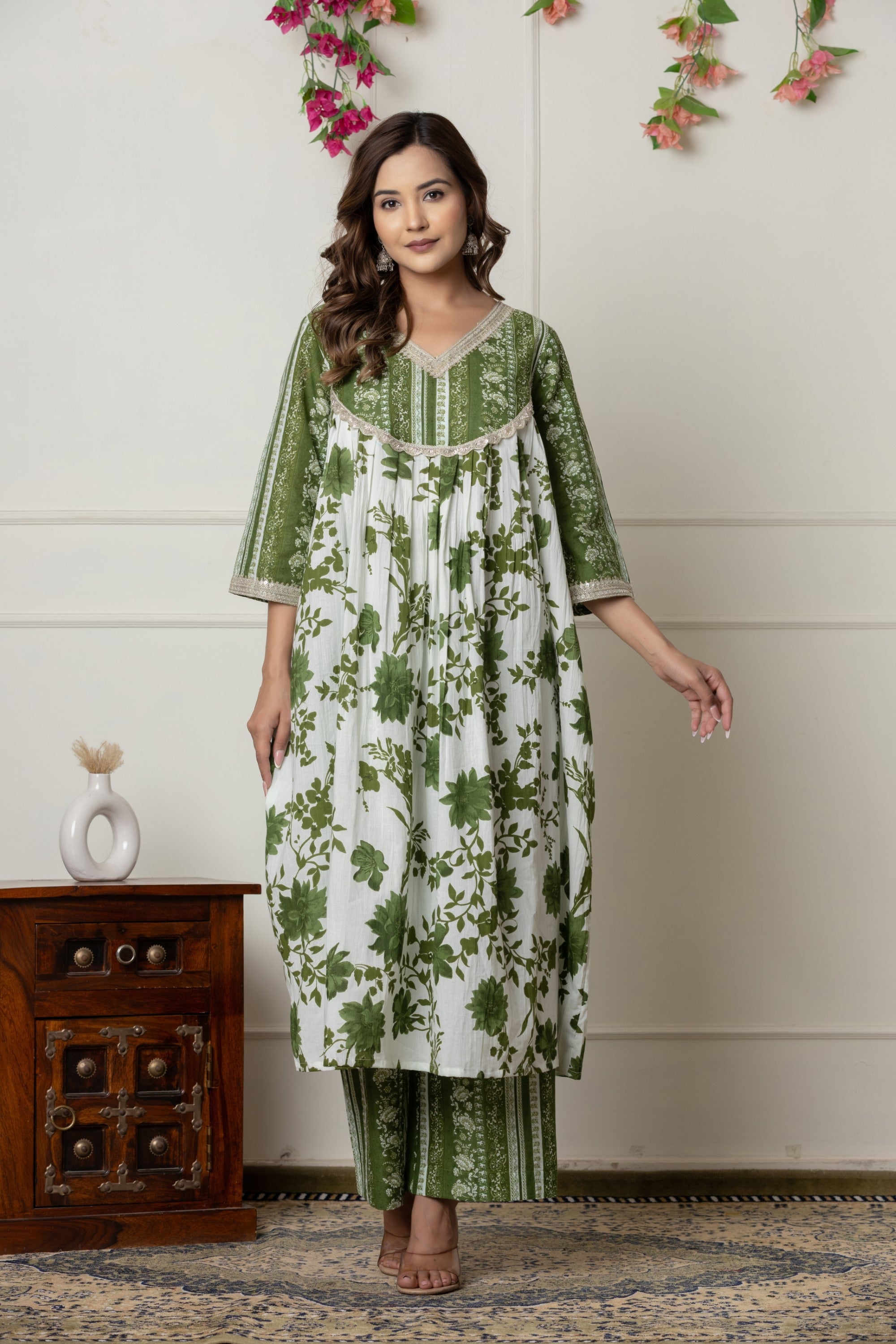 Green & White Floral Printed A-Line Cotton Suit Set with Dupatta