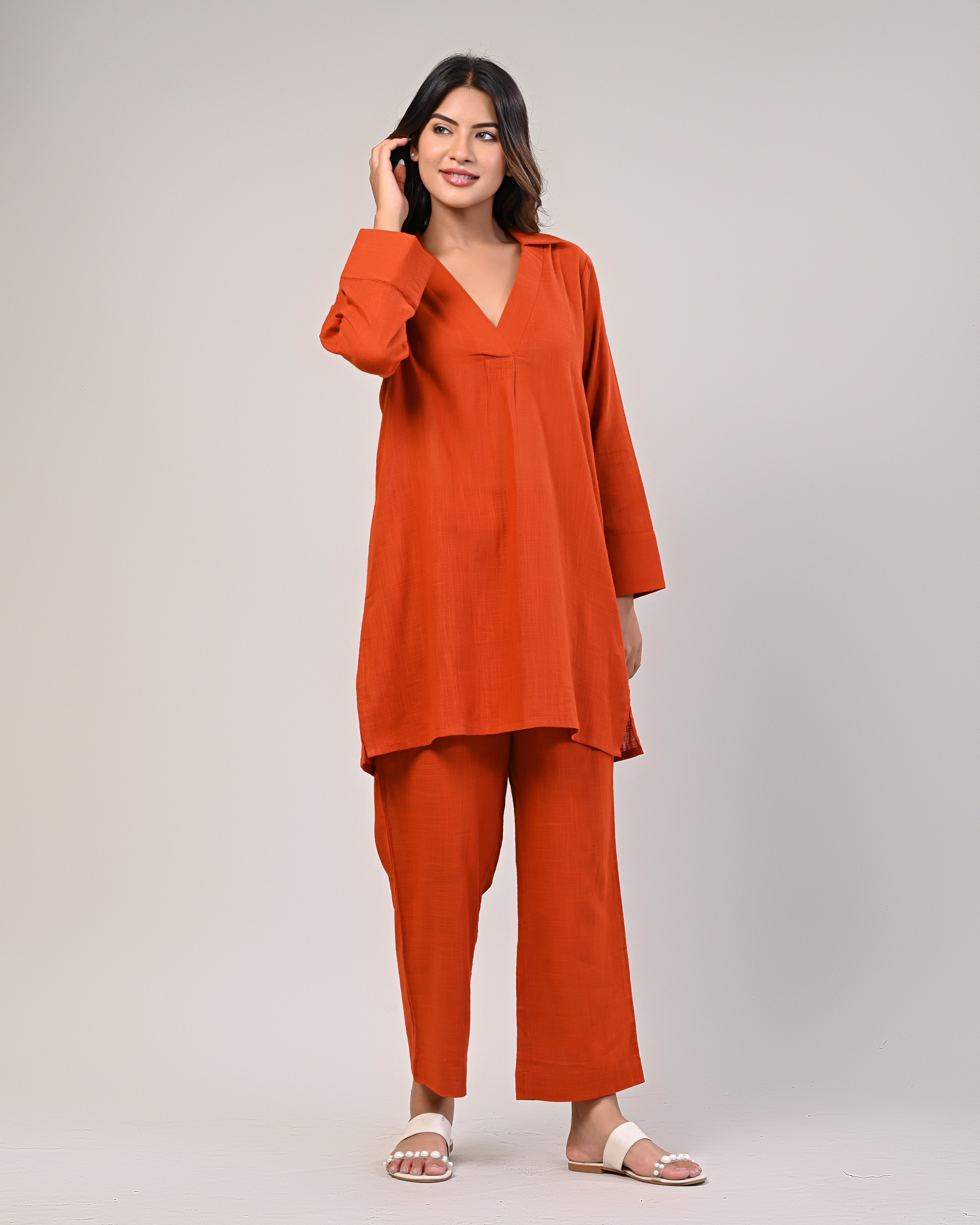 Orange V-neck Pleated Kurta With Afghani Pants